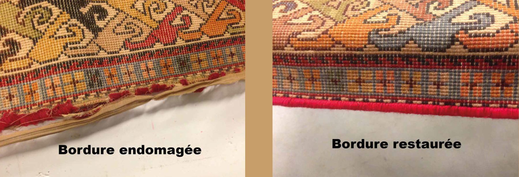 Bordure de tapis abîmée à gauche, restaurée à droite