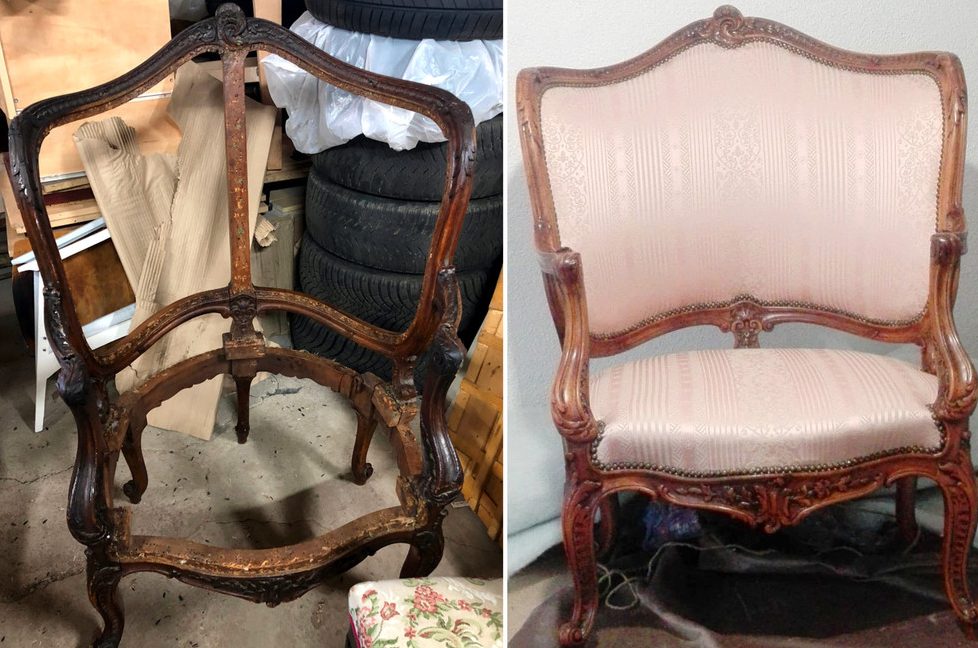 Fauteuil ancien avant et après restauration de sa garniture